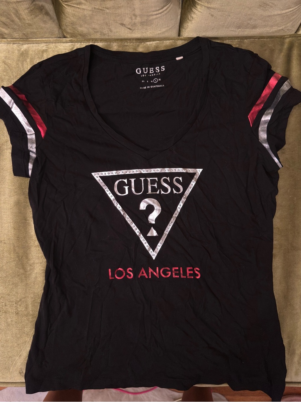 GUESS Black V-Neck Tee with Silver Logo and Red Accents
